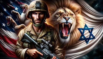 Fototapeta na wymiar Generative AI image of an Israeli soldier and a lion over a flag of Israel and USA as a background