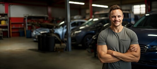 Fototapeta na wymiar Smiling confident caucasian blond male car mechanic in a garage background, professional auto assistance photography, Horizontal format 9:4