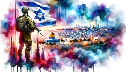 Generative AI image of an Israeli soldier in Jerusalem  with flag of Israel