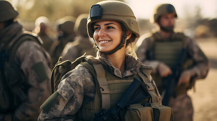 Portrait of smile young woman in uniform background team army. Banner private military mission