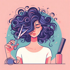 Curly girl cutting her hair herself with scissors. Banner blog.