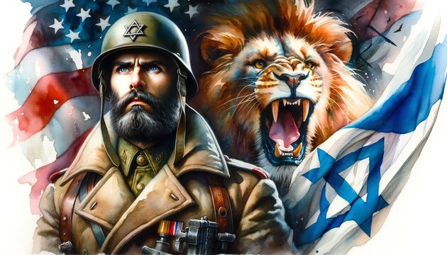 Generative AI image of an Israeli soldier and a lion over a  flag of Israel and USA as a background