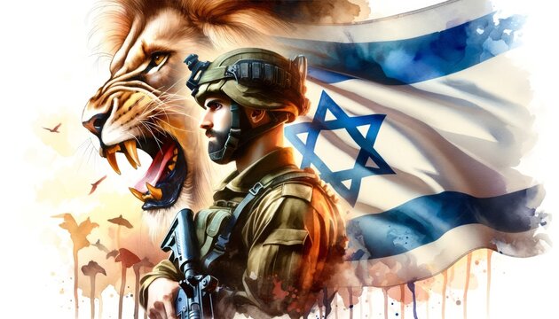 Generative AI image of an Israeli soldier and a lion over a  flag of Israel as a background
