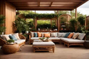 A rattan sectional sofa and ottomans with premium cushions create an elevated outdoor living room. - obrazy, fototapety, plakaty
