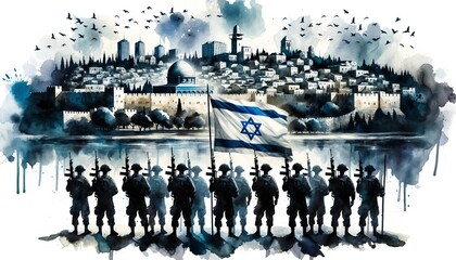 Generative AI image of an Israeli soldier with a flag of Israel over Jerusalem as a background