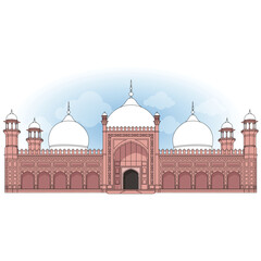 Badshahi Mosque Lahore - filled color outline beautiful illustration.