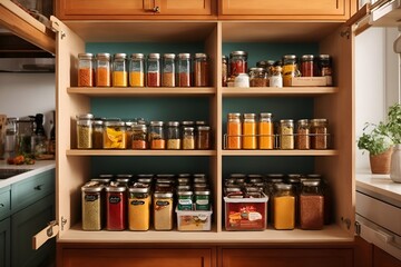 A slide-out crate organizer in a kitchen pantry