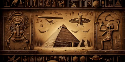 Gordijnen Egyptian hieroglyphs, Egypts people worship aliens UFO flying saucers. Generation AI. © Adin