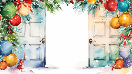 watercolor illustration christmas decorated door on white background, light, postcard greeting invitation - obrazy, fototapety, plakaty