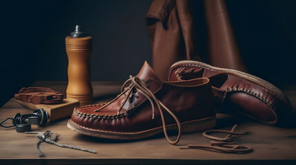 Shoemaker performs shoes in studio craft, workplace of craftsman for restoration shoe grain leather
