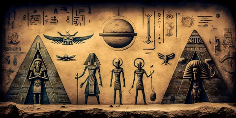 Foto auf Alu-Dibond UFO Egyptian hieroglyphs, Egypts people worship aliens UFO flying saucers. Generation AI.