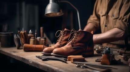 Shoemaker performs shoes in studio craft, workplace of craftsman for restoration shoe grain leather