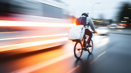 a delivery service courier on a bike rides in city traffic in a blurry. bike road street