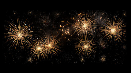 Naklejka premium Golden fireworks isolated layer on black background, night festive view abstract