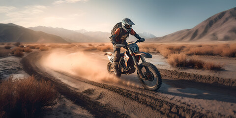 Rider biker Moto cross riding in mountain with dust. Extreme motocross sport banner