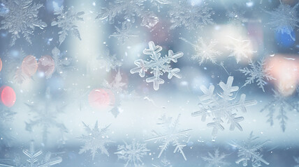 Fototapeta na wymiar big snowflake on the window, abstract art winter background christmas greeting form, seasonal cooling climate change