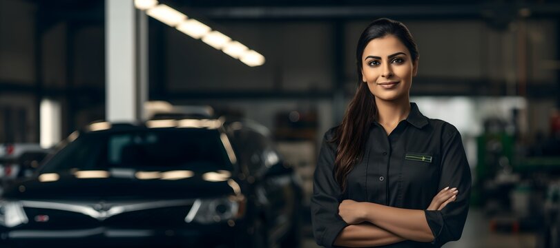 Smiling confident Indian female car mechanic in a garage background, professional automobile assistance photography, Horizontal format 9:4