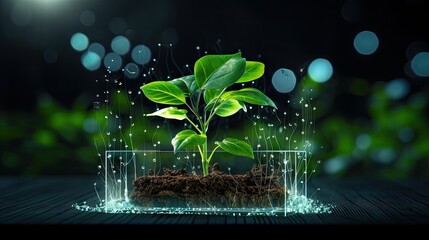 Young plant with cyber display of technological smart farming 4.0-Smart Farming and Agriculture Innovation Concept. - obrazy, fototapety, plakaty