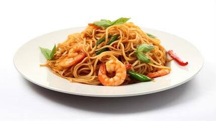 Stir-fried Spicy Spaghetti Seafood Thai Style (Spaghetti Pad Kee Mao) on White Dish, Isolated on White Background with Shadow, Front Side view. Selective Focus at the front. - obrazy, fototapety, plakaty