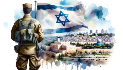 Generative AI image of an Israeli soldier and a lion over a  flag of Israel and Jerusalem as a background