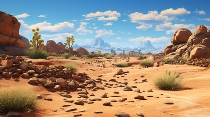 Sahara Desert. Beautiful desert landscape. Stones, sand, dry bushes and blue sky.