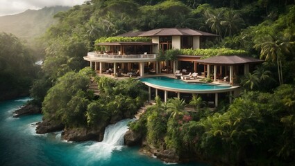 Fototapeta na wymiar An aerial view of a dream house in a lush tropical setting, surrounded by dense foliage, waterfalls, and a meandering river.