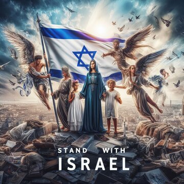 Generative AI image of angels grading Israel with Israel flag