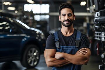 Confident Hispanic Latino man car mechanic in a garage background, professional automobile assistance photography, Horizontal format 3:2 - obrazy, fototapety, plakaty