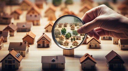 Realtor examines houses through a magnifying glass. Review of the real estate market, search for the best offers based on the criteria of price, location, area, infrastructure. Customer preferences.