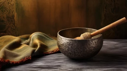 Foto op Plexiglas handmade tibetan singing bowl with a mallet on a textured bark paper, sound therapy for healing, relaxation and meditation © HN Works