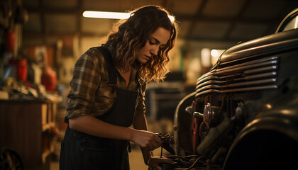 female mechanic repairing a vintage car Generative AI - obrazy, fototapety, plakaty