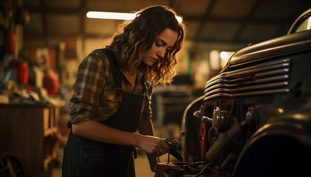 Fototapeta female mechanic repairing a vintage car Generative AI