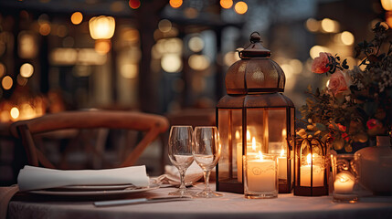 Elegant table setting with candles in restaurant. Selective focus. Romantic dinner setting with candles on table in restaurant. - obrazy, fototapety, plakaty