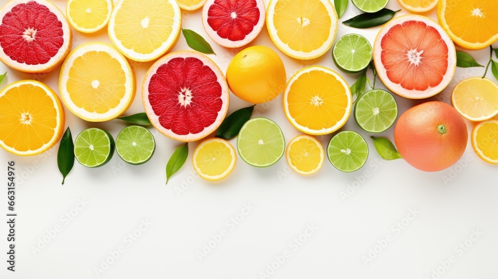Poster flat lay composition with different citrus fruits on white background