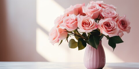 A portrait of a big arrangement of pink roses in a vase, AI Generative