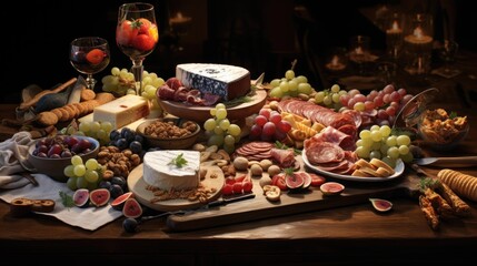 Charcuterie and dessert dinner. Symbolizing communal sharing, diverse flavors, unity through culinary delights