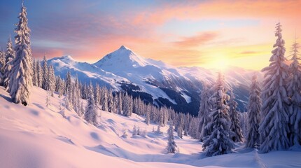 Montañas alpinas nevadas al atardecer - obrazy, fototapety, plakaty