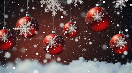 Fototapeta na wymiar Christmas Card - Red Baubles And Snowflakes With Snowfall