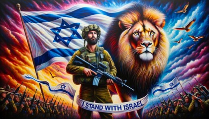 Generative AI image of an Israeli soldier and a lion over a  flag of Israel as a background - obrazy, fototapety, plakaty