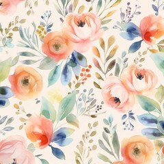 Illustration of watercolor flower clipart pattern on white background.