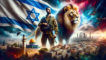 Fototapeta premium Generative AI image of an Israeli soldier and a lion over a flag of Israel and Jerusalem as a background