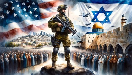 Generative AI image of an Israeli soldier in Jerusalem  over a  flag of Israel and USA as a background - obrazy, fototapety, plakaty