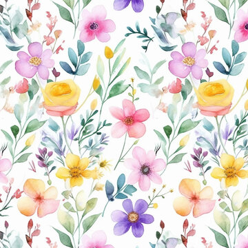 Illustration of watercolor flower clipart pattern on white background.