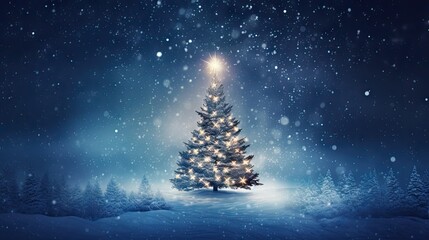 Illuminated christmas tree at night with falling snow and copy space