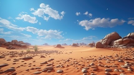 Fototapeta na wymiar Sahara Desert. Beautiful desert landscape. Stones, sand, dry bushes and blue sky.