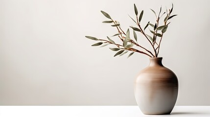 Clay pot with branch isolated on white background. A piece of furniture in a rustic or Scandinavian style. Still life with vase for interior design decoration.