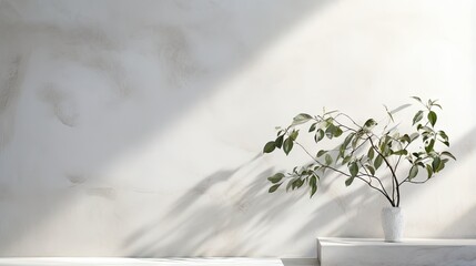 trees branch and leaf with shadow on a white concrete wall.