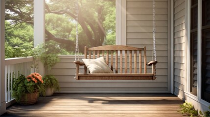 A porch swing at a new construction house home under a covered porch. - obrazy, fototapety, plakaty