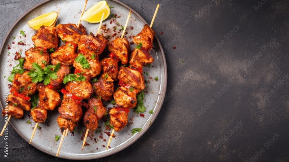 Poster chicken kebab skewers on a plate over light grey slate, stone or concrete background . top view with