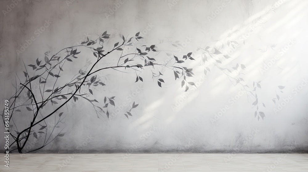 Poster Abstract gray shadow background of natural leaves tree branch falling on white wall texture for background and wallpaper, black and white, nature shadow pattern art on wall